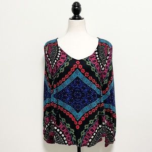 Ella Moss V Neck Bright Mandala Pleated Tassel